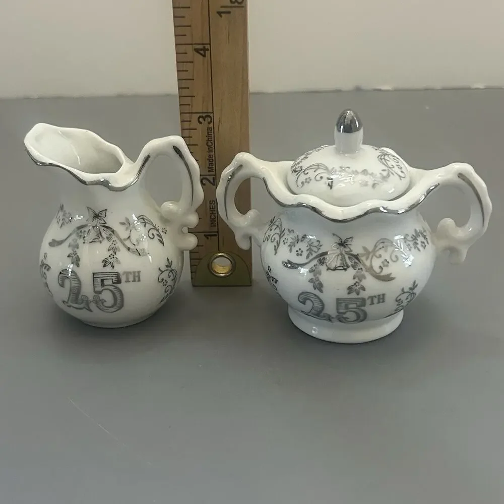 25th Anniversary Sugar Bowl and Creamer 3 Inch Japan Set Of 2